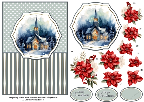 A5 Winter Church Scene 18 Card Front, Topper and Floral Decoupage 