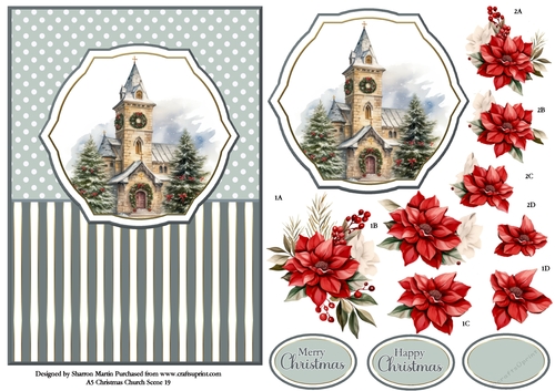 A5 Winter Church Scene 19 Card Front, Topper and Floral Decoupage 