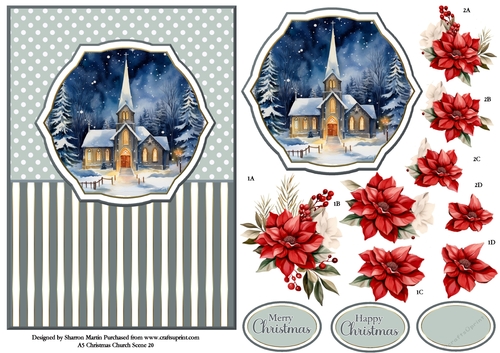 A5 Winter Church Scene 20 Card Front, Topper and Floral Decoupage 