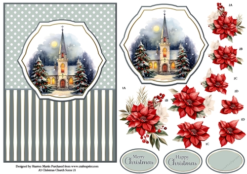 A5 Winter Church Scene 21 Card Front, Topper and Floral Decoupage 