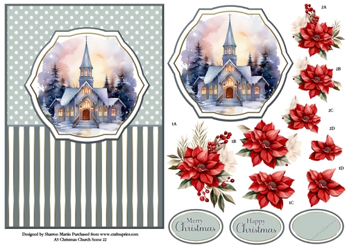 A5 Winter Church Scene 22 Card Front, Topper and Floral Decoupage 