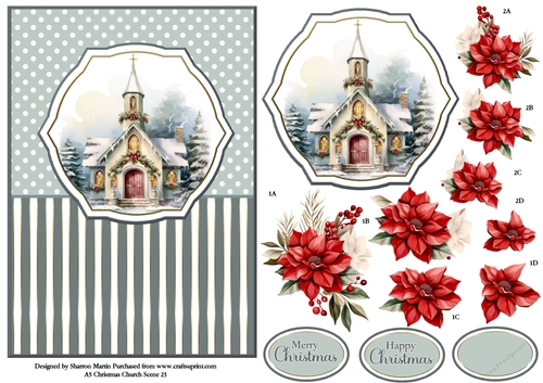 A5 Winter Church Scene 23 Card Front, Topper and Floral Decoupage 