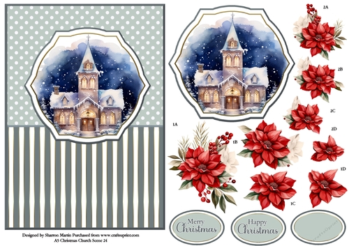 A5 Winter Church Scene 24 Card Front, Topper and Floral Decoupage 