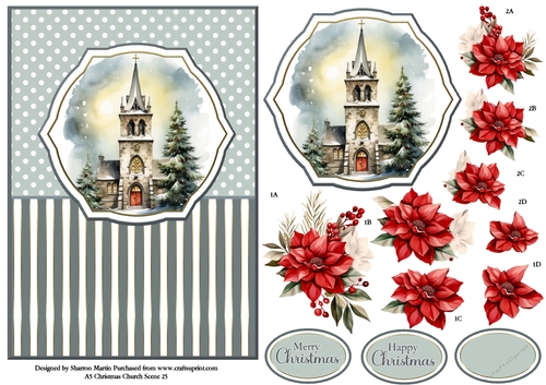 A5 Winter Church Scene 25 Card Front, Topper and Floral Decoupage 
