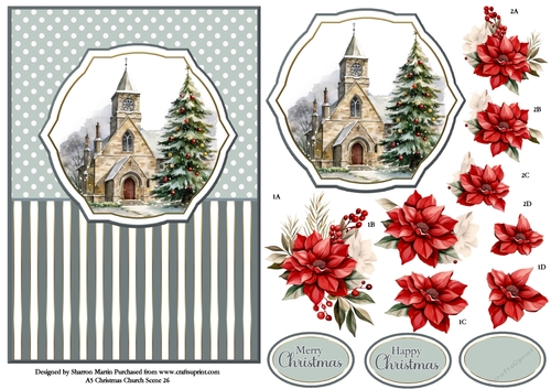A5 Winter Church Scene 26 Card Front, Topper and Floral Decoupage 