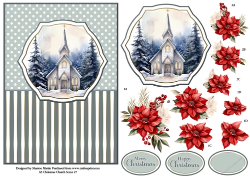 A5 Winter Church Scene 27 Card Front, Topper and Floral Decoupage 