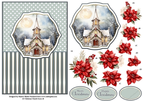 A5 Winter Church Scene 28 Card Front, Topper and Floral Decoupage 