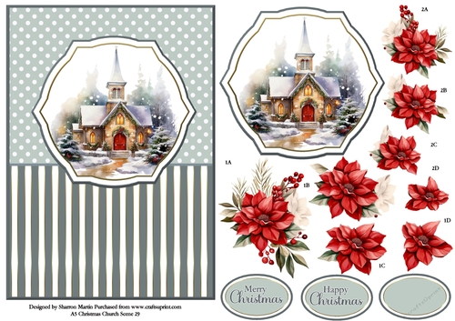 A5 Winter Church Scene 29 Card Front, Topper and Floral Decoupage 