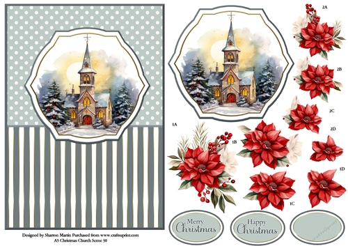 A5 Winter Church Scene 30 Card Front, Topper and Floral Decoupage 