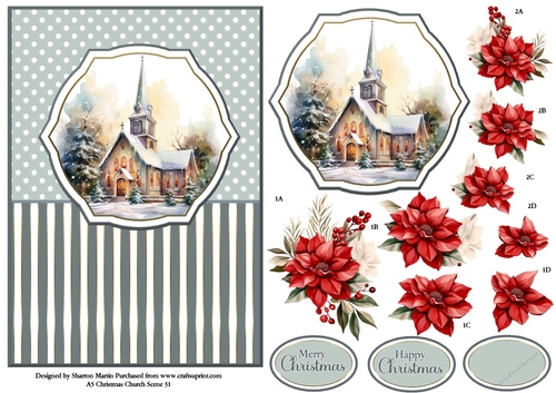 A5 Winter Church Scene 31 Card Front, Topper and Floral Decoupage 