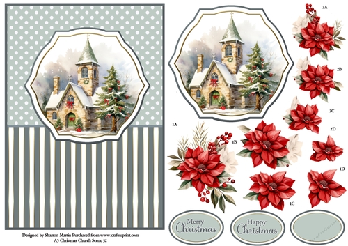 A5 Winter Church Scene 32 Card Front, Topper and Floral Decoupage 