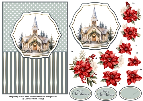 A5 Winter Church Scene 33 Card Front, Topper and Floral Decoupage 