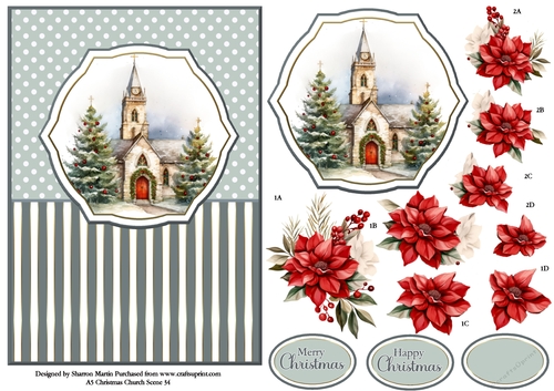 A5 Winter Church Scene 34 Card Front, Topper and Floral Decoupage 
