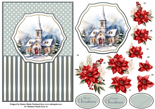 A5 Winter Church Scene 35 Card Front, Topper and Floral Decoupage 