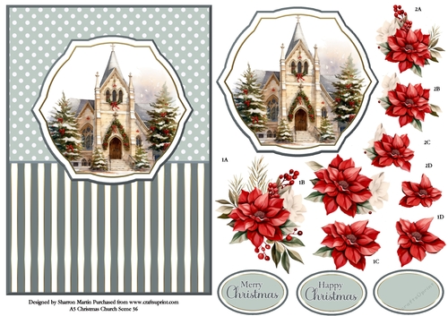 A5 Winter Church Scene 36 Card Front, Topper and Floral Decoupage 