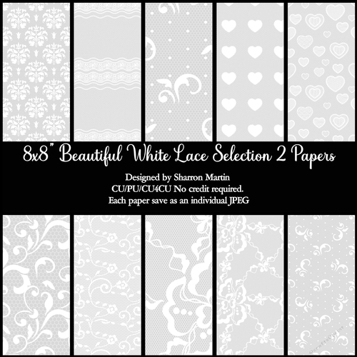 8x8 Beautiful White Lace Paper Selection 2 - 10 different designs - CU/PU/CU4CU