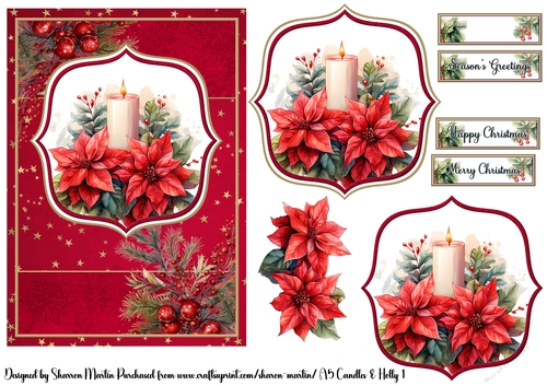 A5 Candles & Holly 1 Card Front, Toppers, Decoupage & Sentiments