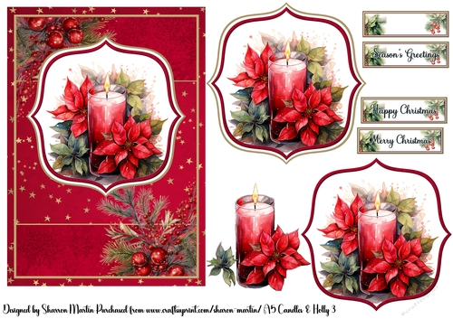 A5 Candles & Holly 3 Card Front, Toppers, Decoupage & Sentiments