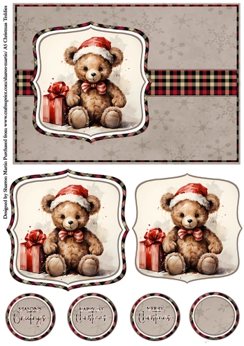 A5 Christmas Teddies 1 Card Front, Toppers and Sentiments 