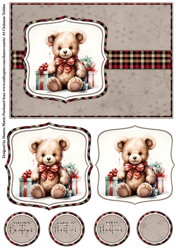 A5 Christmas Teddies 2 Card Front, Toppers and Sentiments 