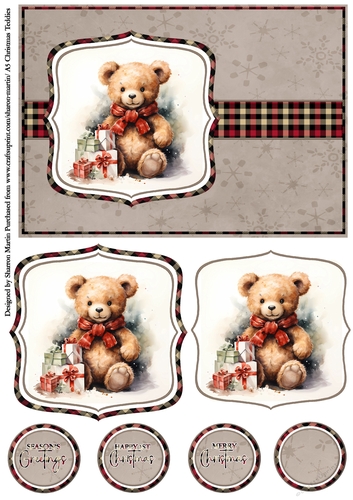A5 Christmas Teddies 3 Card Front, Toppers and Sentiments 