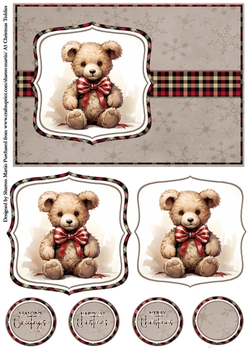 A5 Christmas Teddies 4 Card Front, Toppers and Sentiments 