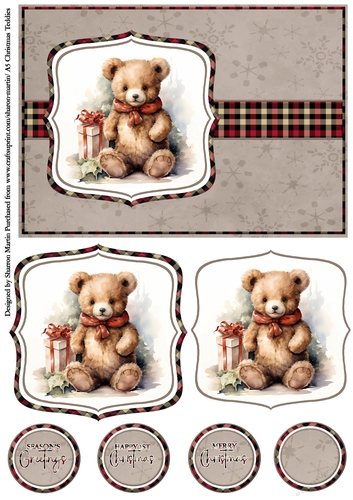 A5 Christmas Teddies 5 Card Front, Toppers and Sentiments 