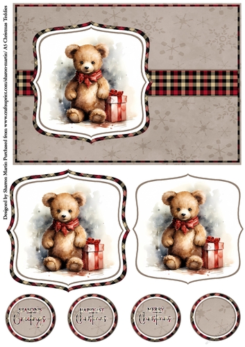 A5 Christmas Teddies 6 Card Front, Toppers and Sentiments 