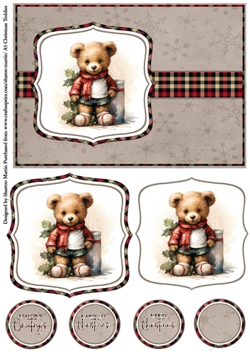 A5 Christmas Teddies 7 Card Front, Toppers and Sentiments 