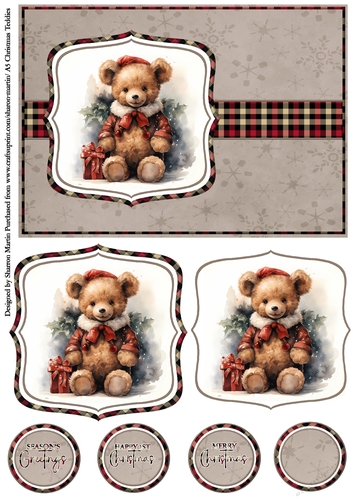 A5 Christmas Teddies 8 Card Front, Toppers and Sentiments 