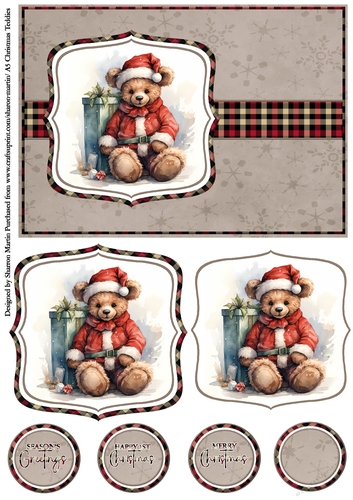 A5 Christmas Teddies 9 Card Front, Toppers and Sentiments 
