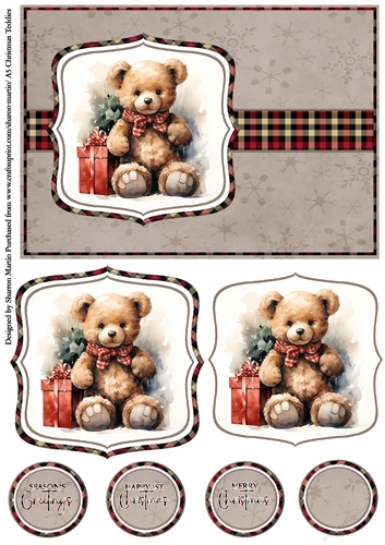 A5 Christmas Teddies 10 Card Front, Toppers and Sentiments 