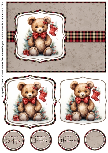 A5 Christmas Teddies 11 Card Front, Toppers and Sentiments 