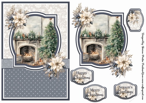 A5 Christmas Fireplace 3 Card Front, Toppers and Sentiments 