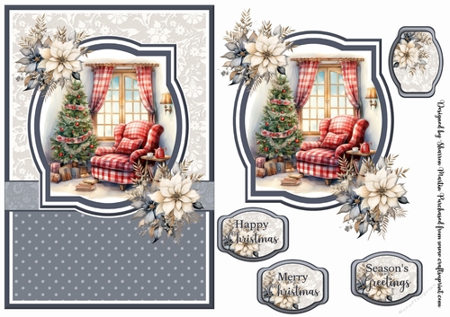 A5 Christmas Fireplace 4 Card Front, Toppers and Sentiments 