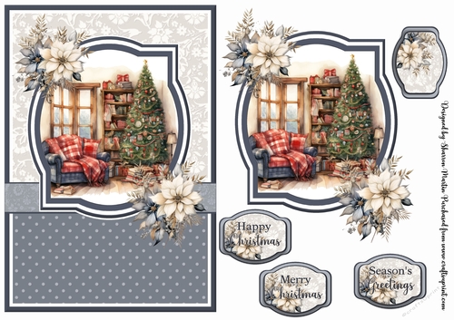 A5 Christmas Fireplace 8 Card Front, Toppers and Sentiments 