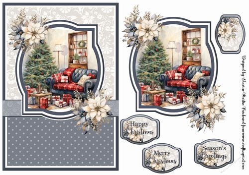 A5 Christmas Fireplace 10 Card Front, Toppers and Sentiments 