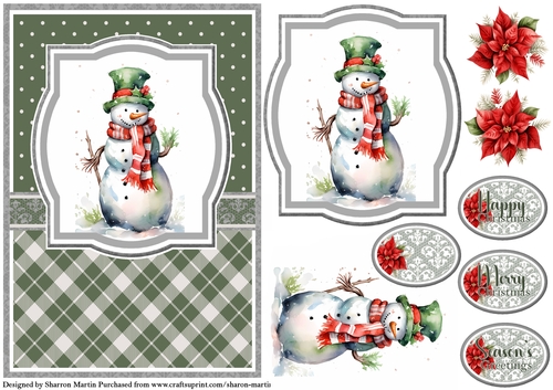 A5 Christmas Snowman 16 Card Front, Topper, Decoupage & Sentiments