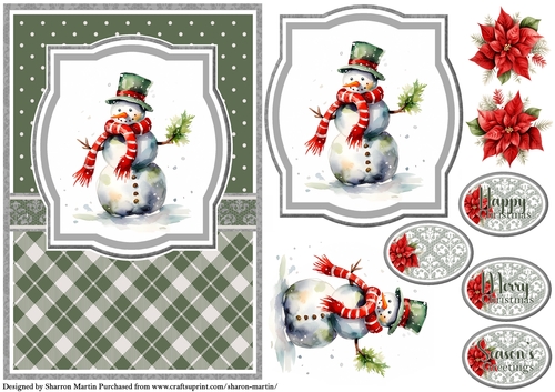 A5 Christmas Snowman 13 Card Front, Topper, Decoupage & Sentiments