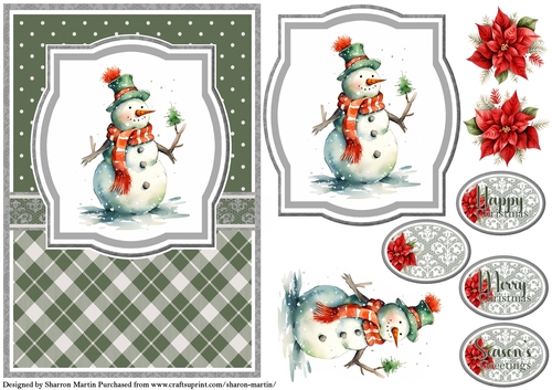 A5 Christmas Snowman 12 Card Front, Topper, Decoupage & Sentiments