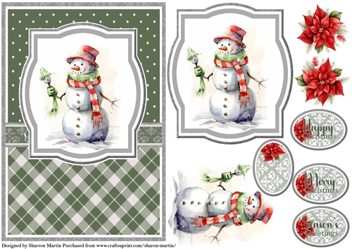 A5 Christmas Snowman 11 Card Front, Topper, Decoupage & Sentiments