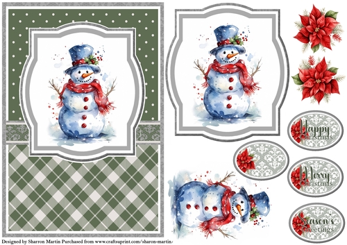 A5 Christmas Snowman 9 Card Front, Topper, Decoupage & Sentiments
