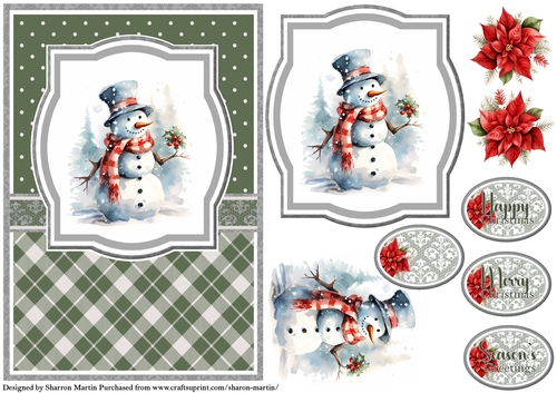 A5 Christmas Snowman 8 Card Front, Topper, Decoupage & Sentiments