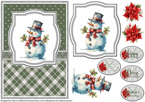A5 Christmas Snowman 7 Card Front, Topper, Decoupage & Sentiments