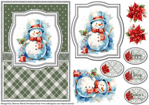 A5 Christmas Snowman 6 Card Front, Topper, Decoupage & Sentiments