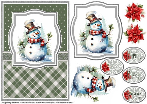 A5 Christmas Snowman 5 Card Front, Topper, Decoupage & Sentiments