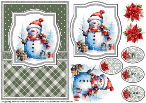 A5 Christmas Snowman 4 Card Front, Topper, Decoupage & Sentiments