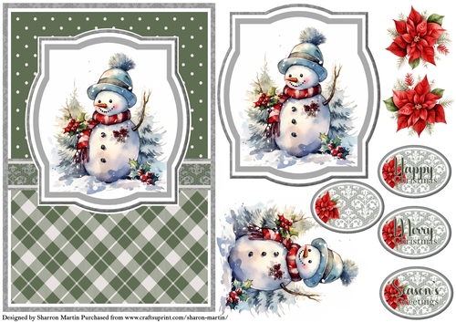 A5 Christmas Snowman 3 Card Front, Topper, Decoupage & Sentiments