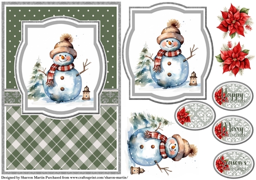 A5 Christmas Snowman 2 Card Front, Topper, Decoupage & Sentiments