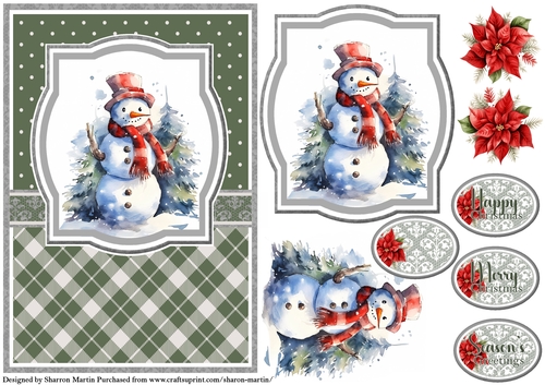 A5 Christmas Snowman 1 Card Front, Topper, Decoupage & Sentiments
